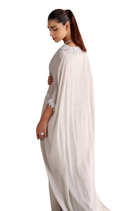 Seema Thukral_Grey Chiffon, Satin Beads, Mirrors, Zari Square Rosa Floral Embroidered Kaftan _Online_at_Aza_Fashions