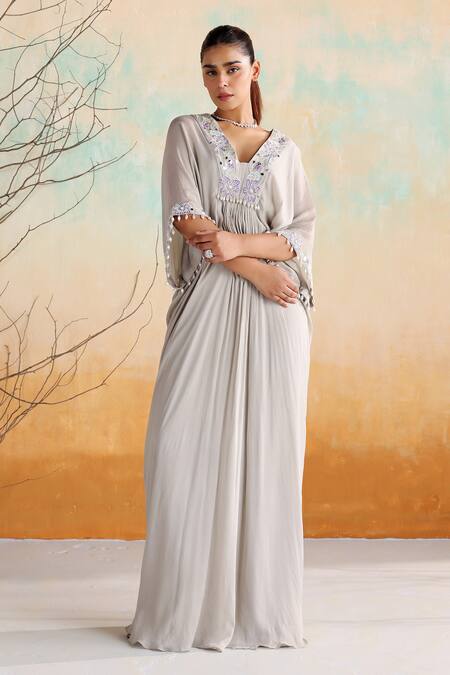 Buy_Seema Thukral_Grey Chiffon, Satin Beads, Mirrors, Zari Square Rosa Floral Embroidered Kaftan _Online_at_Aza_Fashions