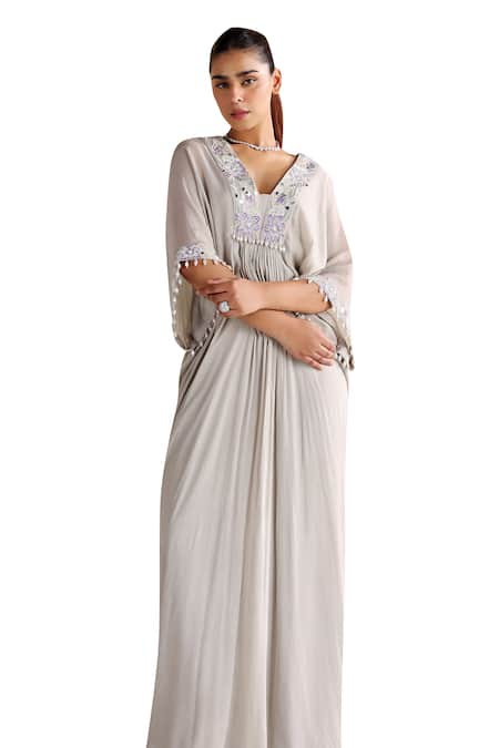 Shop_Seema Thukral_Grey Chiffon, Satin Beads, Mirrors, Zari Square Rosa Floral Embroidered Kaftan _Online_at_Aza_Fashions