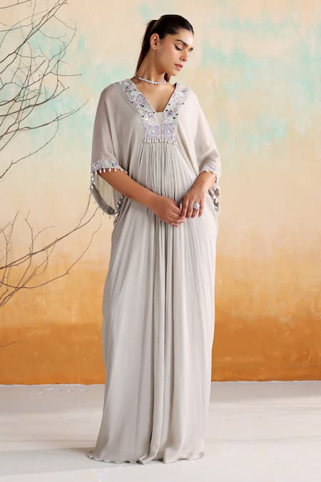 Seema Thukral_Grey Chiffon, Satin Beads, Mirrors, Zari Square Rosa Floral Embroidered Kaftan _at_Aza_Fashions