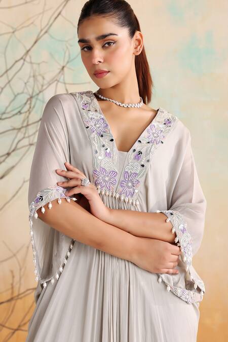 Buy_Seema Thukral_Grey Chiffon, Satin Beads, Mirrors, Zari Square Rosa Floral Embroidered Kaftan 
