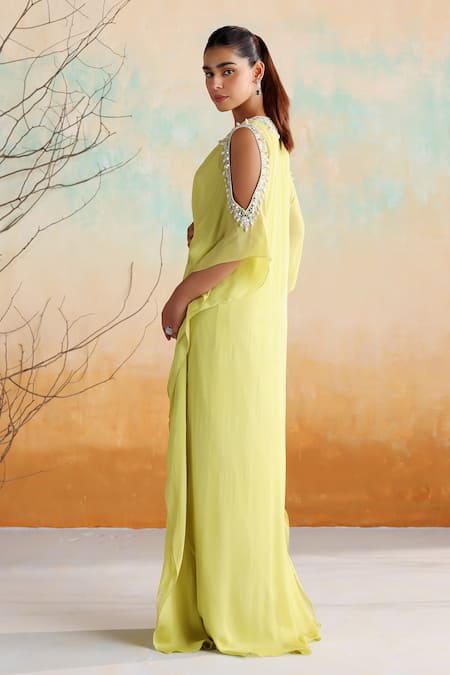 Seema Thukral Green Chiffon, Satin Beads, Mirrors V-neck Rue Zari Draped Kaftan Online at Aza Fashions Seema Thukral_Green Chiffon, Satin Beads, Mirrors V-neck Rue Zari Draped Kaftan _Online_at_Aza_Fashions