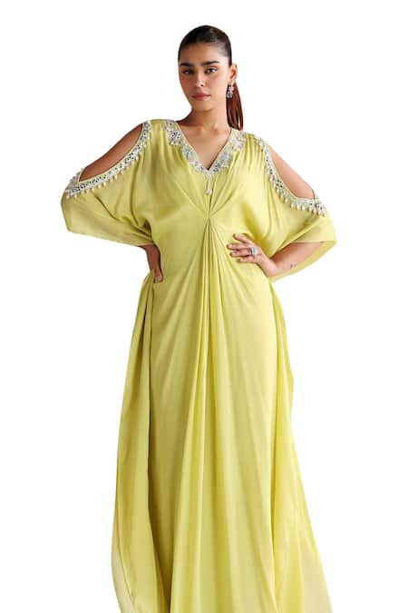 Buy Seema Thukral Green Chiffon, Satin Beads, Mirrors V-neck Rue Zari Draped Kaftan Online at Aza Fashions Buy_Seema Thukral_Green Chiffon, Satin Beads, Mirrors V-neck Rue Zari Draped Kaftan _Online_at_Aza_Fashions