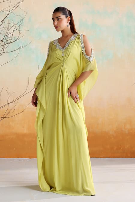 Seema Thukral Green Chiffon, Satin Beads, Mirrors V-neck Rue Zari Draped Kaftan at Aza Fashions Seema Thukral_Green Chiffon, Satin Beads, Mirrors V-neck Rue Zari Draped Kaftan _at_Aza_Fashions