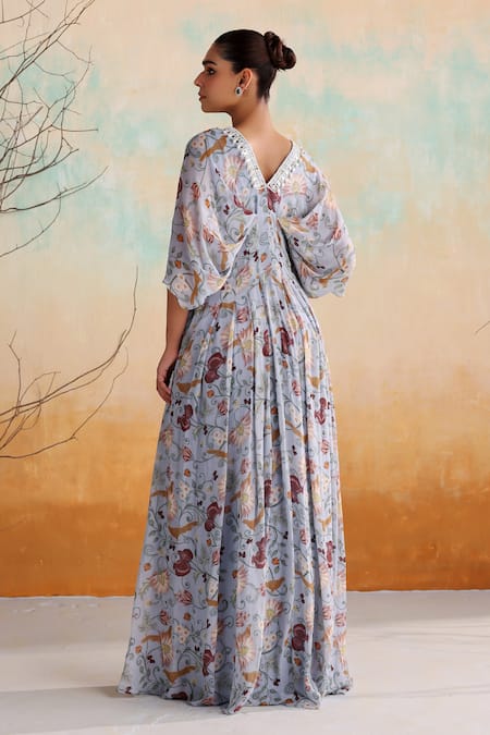Seema Thukral Blue Georgette, Satin Pearls, Beads V-neck Danica Floral Print Draped Kaftan Online at Aza Fashions Seema Thukral_Blue Georgette, Satin Pearls, Beads V-neck Danica Floral Print Draped Kaftan _Online_at_Aza_Fashions