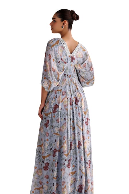 Buy Seema Thukral Blue Georgette, Satin Pearls, Beads V-neck Danica Floral Print Draped Kaftan Online at Aza Fashions Buy_Seema Thukral_Blue Georgette, Satin Pearls, Beads V-neck Danica Floral Print Draped Kaftan _Online_at_Aza_Fashions