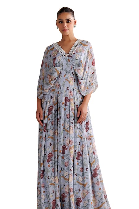 Shop Seema Thukral Blue Georgette, Satin Pearls, Beads V-neck Danica Floral Print Draped Kaftan Online at Aza Fashions Shop_Seema Thukral_Blue Georgette, Satin Pearls, Beads V-neck Danica Floral Print Draped Kaftan _Online_at_Aza_Fashions