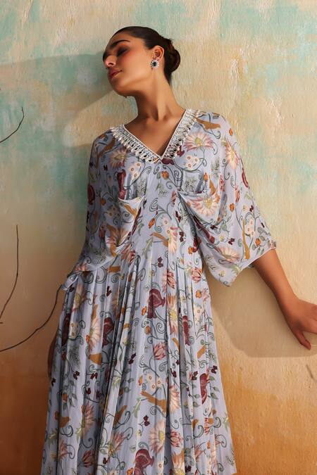 Seema Thukral Blue Georgette, Satin Pearls, Beads V-neck Danica Floral Print Draped Kaftan at Aza Fashions Seema Thukral_Blue Georgette, Satin Pearls, Beads V-neck Danica Floral Print Draped Kaftan _at_Aza_Fashions