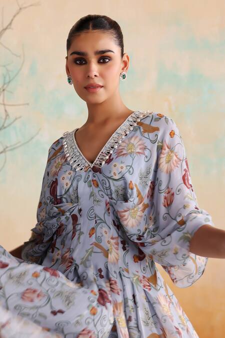 Buy Seema Thukral Blue Georgette, Satin Pearls, Beads V-neck Danica Floral Print Draped Kaftan Buy_Seema Thukral_Blue Georgette, Satin Pearls, Beads V-neck Danica Floral Print Draped Kaftan
