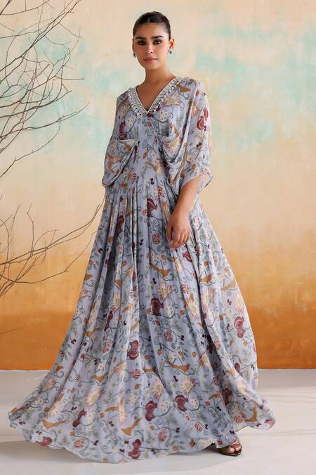 Shop Seema Thukral Blue Georgette, Satin Pearls, Beads V-neck Danica Floral Print Draped Kaftan Shop_Seema Thukral_Blue Georgette, Satin Pearls, Beads V-neck Danica Floral Print Draped Kaftan