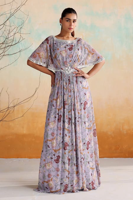 Shop_Seema Thukral_Purple Georgette, Satin Pearls, Beads, Soma Floral Print Draped Slit Dress _Online_at_Aza_Fashions