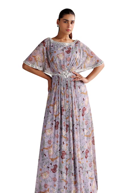 Seema Thukral_Purple Georgette, Satin Pearls, Beads, Soma Floral Print Draped Slit Dress _at_Aza_Fashions