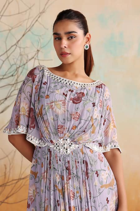 Buy_Seema Thukral_Purple Georgette, Satin Pearls, Beads, Soma Floral Print Draped Slit Dress 