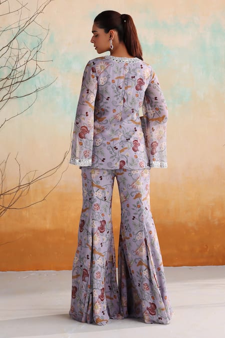 Seema Thukral Purple Georgette, Satin Nasrin Floral Print Embellished Jacket With Flared Pant Online at Aza Fashions Seema Thukral_Purple Georgette, Satin Nasrin Floral Print Embellished Jacket With Flared Pant _Online_at_Aza_Fashions