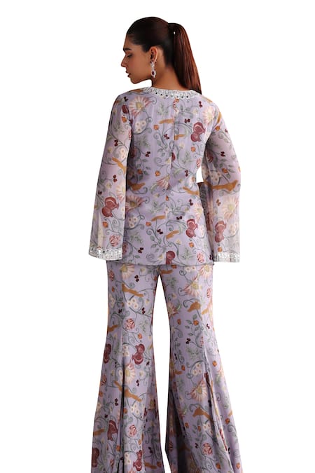 Buy Seema Thukral Purple Georgette, Satin Nasrin Floral Print Embellished Jacket With Flared Pant Online at Aza Fashions Buy_Seema Thukral_Purple Georgette, Satin Nasrin Floral Print Embellished Jacket With Flared Pant _Online_at_Aza_Fashions