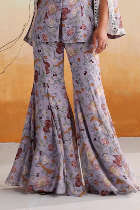 Shop Seema Thukral Purple Georgette, Satin Nasrin Floral Print Embellished Jacket With Flared Pant Online at Aza Fashions Shop_Seema Thukral_Purple Georgette, Satin Nasrin Floral Print Embellished Jacket With Flared Pant _Online_at_Aza_Fashions