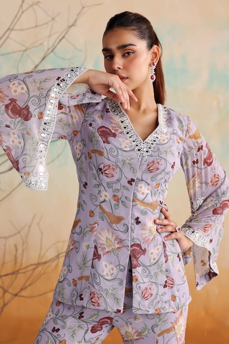 Seema Thukral Purple Georgette, Satin Nasrin Floral Print Embellished Jacket With Flared Pant at Aza Fashions Seema Thukral_Purple Georgette, Satin Nasrin Floral Print Embellished Jacket With Flared Pant _at_Aza_Fashions