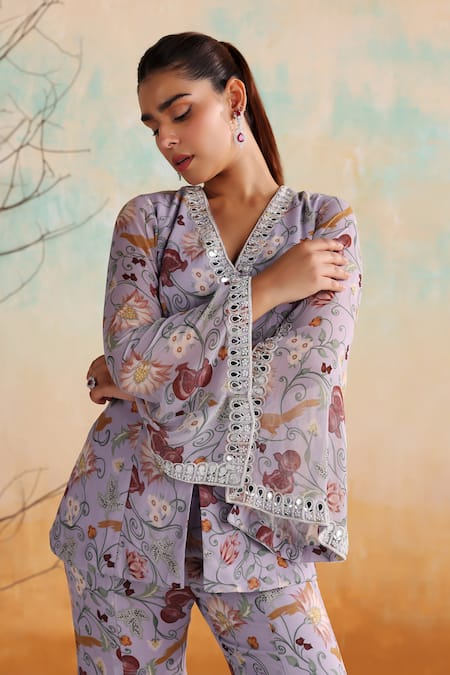 Buy Seema Thukral Purple Georgette, Satin Nasrin Floral Print Embellished Jacket With Flared Pant Buy_Seema Thukral_Purple Georgette, Satin Nasrin Floral Print Embellished Jacket With Flared Pant