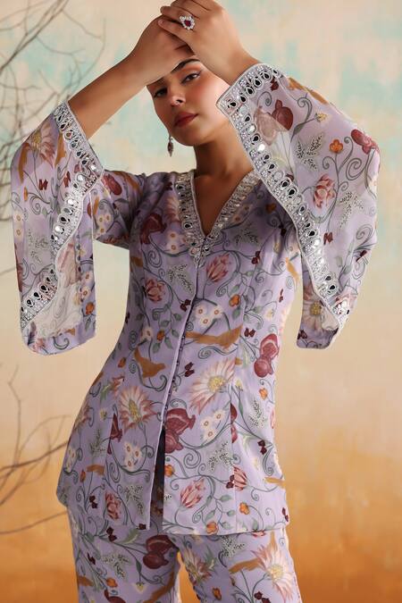Shop Seema Thukral Purple Georgette, Satin Nasrin Floral Print Embellished Jacket With Flared Pant Shop_Seema Thukral_Purple Georgette, Satin Nasrin Floral Print Embellished Jacket With Flared Pant