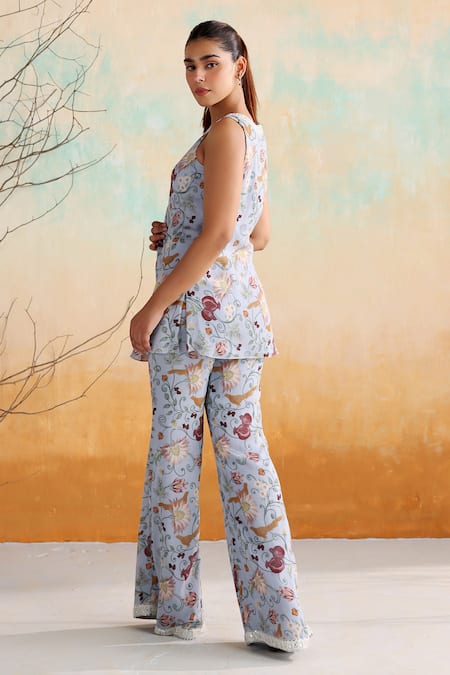 Seema Thukral Blue Georgette, Satin Pearls, Calla Floral Print Short Kurta With Pant Online at Aza Fashions Seema Thukral_Blue Georgette, Satin Pearls, Calla Floral Print Short Kurta With Pant _Online_at_Aza_Fashions