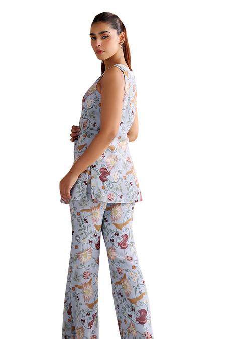 Buy Seema Thukral Blue Georgette, Satin Pearls, Calla Floral Print Short Kurta With Pant Online at Aza Fashions Buy_Seema Thukral_Blue Georgette, Satin Pearls, Calla Floral Print Short Kurta With Pant _Online_at_Aza_Fashions