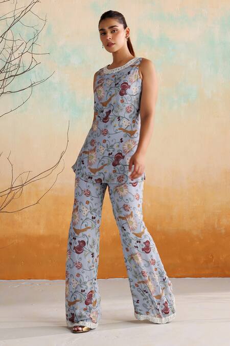 Buy Seema Thukral Blue Georgette, Satin Pearls, Calla Floral Print Short Kurta With Pant Buy_Seema Thukral_Blue Georgette, Satin Pearls, Calla Floral Print Short Kurta With Pant