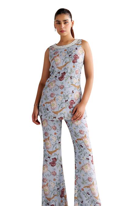 Shop Seema Thukral Blue Georgette, Satin Pearls, Calla Floral Print Short Kurta With Pant Shop_Seema Thukral_Blue Georgette, Satin Pearls, Calla Floral Print Short Kurta With Pant