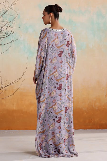 Seema Thukral_Purple Georgette, Satin Pearls, Beads, Mirrors Zaria Floral Print Draped Kaftan _Online_at_Aza_Fashions