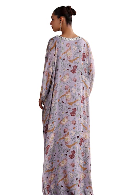 Buy_Seema Thukral_Purple Georgette, Satin Pearls, Beads, Mirrors Zaria Floral Print Draped Kaftan _Online_at_Aza_Fashions