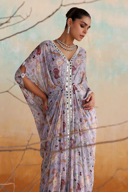Shop_Seema Thukral_Purple Georgette, Satin Pearls, Beads, Mirrors Zaria Floral Print Draped Kaftan _Online_at_Aza_Fashions