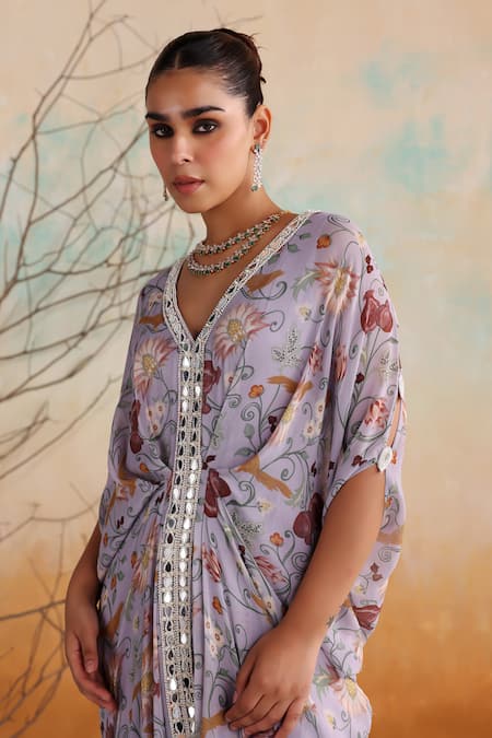 Seema Thukral_Purple Georgette, Satin Pearls, Beads, Mirrors Zaria Floral Print Draped Kaftan _at_Aza_Fashions