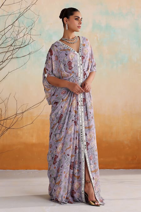 Buy_Seema Thukral_Purple Georgette, Satin Pearls, Beads, Mirrors Zaria Floral Print Draped Kaftan 