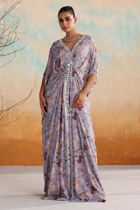 Shop_Seema Thukral_Purple Georgette, Satin Pearls, Beads, Mirrors Zaria Floral Print Draped Kaftan 