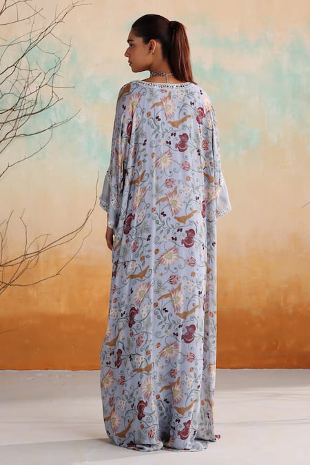 Seema Thukral Blue Organza, Georgette, Satin Pearls, Beads, Mirrors Kalina Floral Print Kaftan Online at Aza Fashions Seema Thukral_Blue Organza, Georgette, Satin Pearls, Beads, Mirrors Kalina Floral Print Kaftan _Online_at_Aza_Fashions