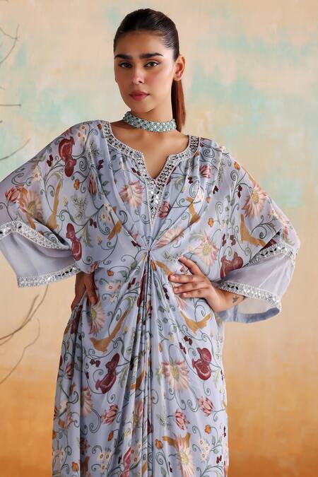 Shop Seema Thukral Blue Organza, Georgette, Satin Pearls, Beads, Mirrors Kalina Floral Print Kaftan Online at Aza Fashions Shop_Seema Thukral_Blue Organza, Georgette, Satin Pearls, Beads, Mirrors Kalina Floral Print Kaftan _Online_at_Aza_Fashions