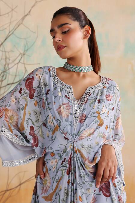 Seema Thukral Blue Organza, Georgette, Satin Pearls, Beads, Mirrors Kalina Floral Print Kaftan at Aza Fashions Seema Thukral_Blue Organza, Georgette, Satin Pearls, Beads, Mirrors Kalina Floral Print Kaftan _at_Aza_Fashions