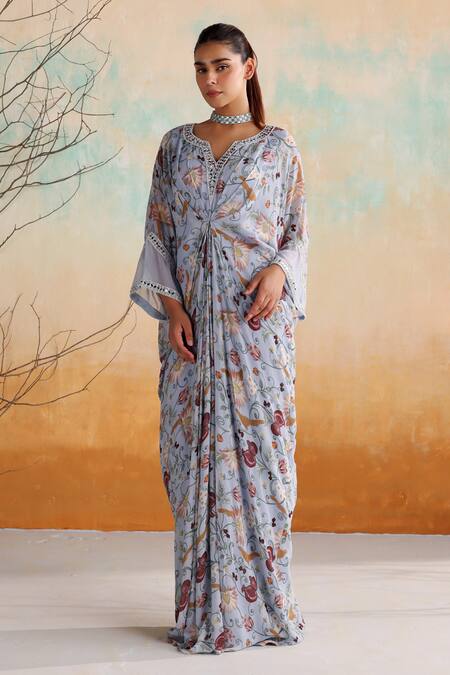 Buy Seema Thukral Blue Organza, Georgette, Satin Pearls, Beads, Mirrors Kalina Floral Print Kaftan Buy_Seema Thukral_Blue Organza, Georgette, Satin Pearls, Beads, Mirrors Kalina Floral Print Kaftan