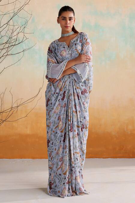 Shop Seema Thukral Blue Organza, Georgette, Satin Pearls, Beads, Mirrors Kalina Floral Print Kaftan Shop_Seema Thukral_Blue Organza, Georgette, Satin Pearls, Beads, Mirrors Kalina Floral Print Kaftan