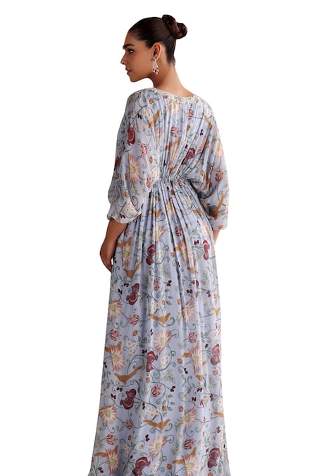 Buy_Seema Thukral_Blue Georgette, Satin Pearls, Beads, Calla Floral Print Kaftan With Bralette _Online_at_Aza_Fashions