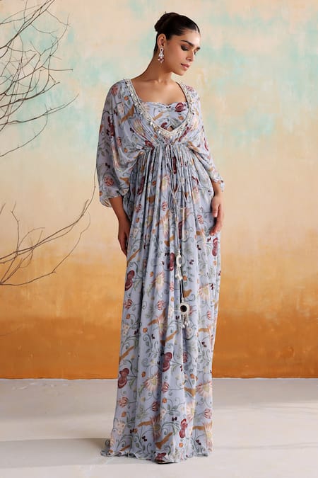 Shop_Seema Thukral_Blue Georgette, Satin Pearls, Beads, Calla Floral Print Kaftan With Bralette _Online_at_Aza_Fashions