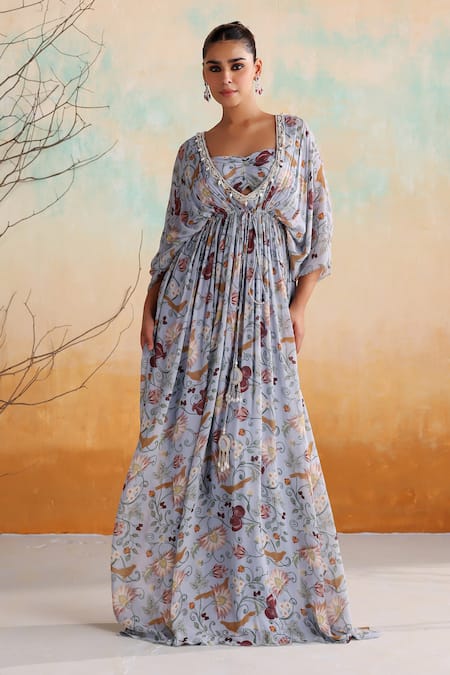 Seema Thukral_Blue Georgette, Satin Pearls, Beads, Calla Floral Print Kaftan With Bralette _at_Aza_Fashions