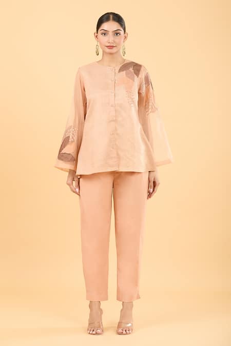 Chambray & CO._Peach Chanderi Embroidery Round Neck Applique Shirt And Pant Set _Online_at_Aza_Fashions