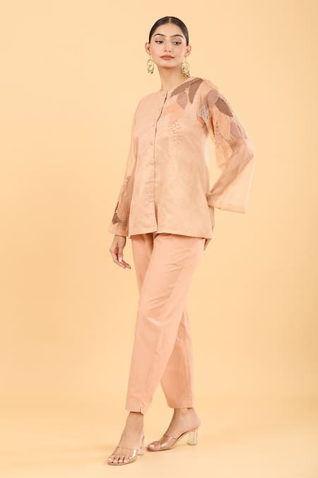 Buy_Chambray & CO._Peach Chanderi Embroidery Round Neck Applique Shirt And Pant Set _Online_at_Aza_Fashions