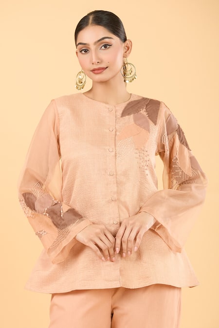 Shop_Chambray & CO._Peach Chanderi Embroidery Round Neck Applique Shirt And Pant Set _Online_at_Aza_Fashions