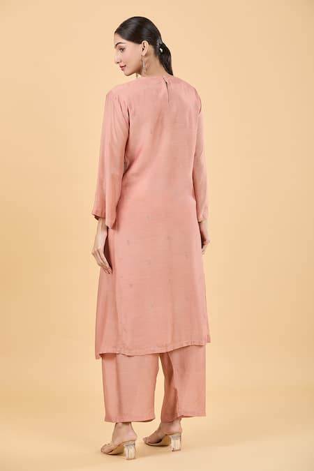 Shop Dot Pink Silk Embroidery Round Neck Scattered Kurta And Pant Set at Aza Fashions Shop_Dot_Pink Silk Embroidery Round Neck Scattered Kurta And Pant Set _at_Aza_Fashions