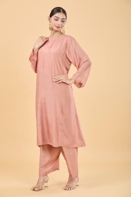 Dot Pink Silk Embroidery Round Neck Scattered Kurta And Pant Set Online at Aza Fashions Dot_Pink Silk Embroidery Round Neck Scattered Kurta And Pant Set _Online_at_Aza_Fashions