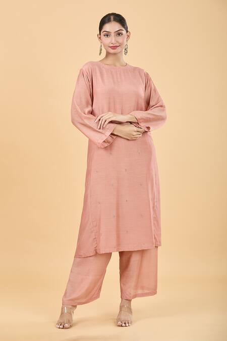 Buy Dot Pink Silk Embroidery Round Neck Scattered Kurta And Pant Set Online at Aza Fashions Buy_Dot_Pink Silk Embroidery Round Neck Scattered Kurta And Pant Set _Online_at_Aza_Fashions