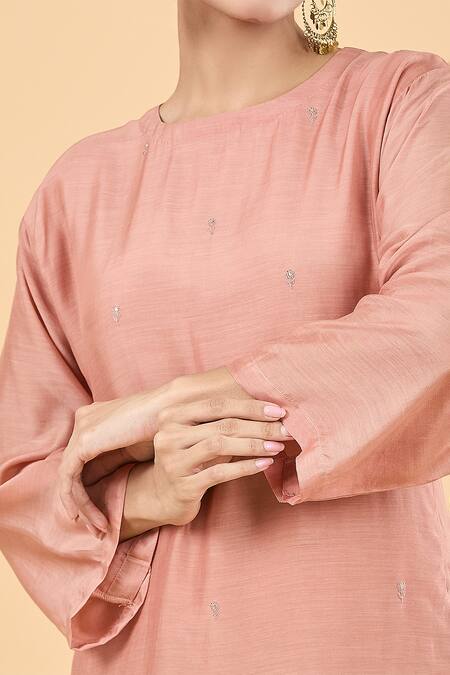 Shop Dot Pink Silk Embroidery Round Neck Scattered Kurta And Pant Set Online at Aza Fashions Shop_Dot_Pink Silk Embroidery Round Neck Scattered Kurta And Pant Set _Online_at_Aza_Fashions