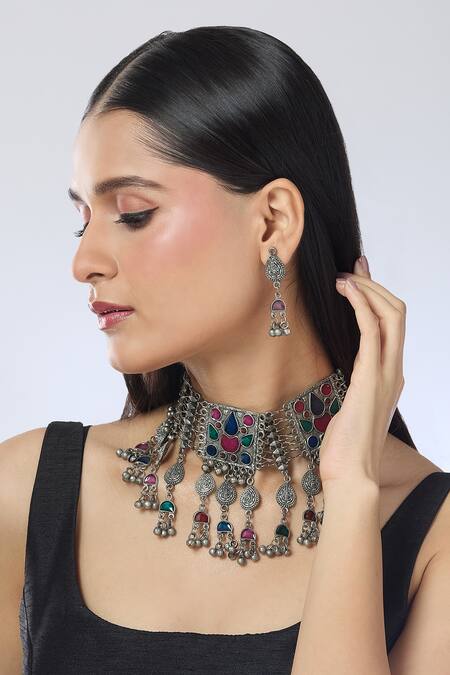 Buy Silver Plated Ghungroo, Stones Afghani Embellished Choker