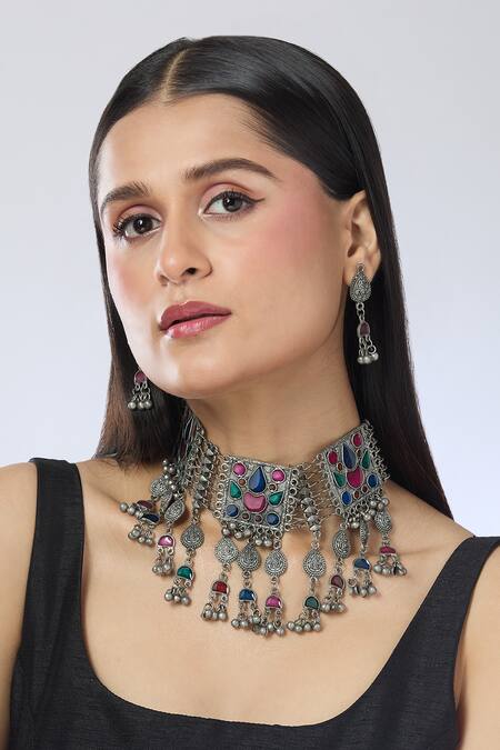 Buy Silver Plated Ghungroo, Stones Afghani Embellished Choker